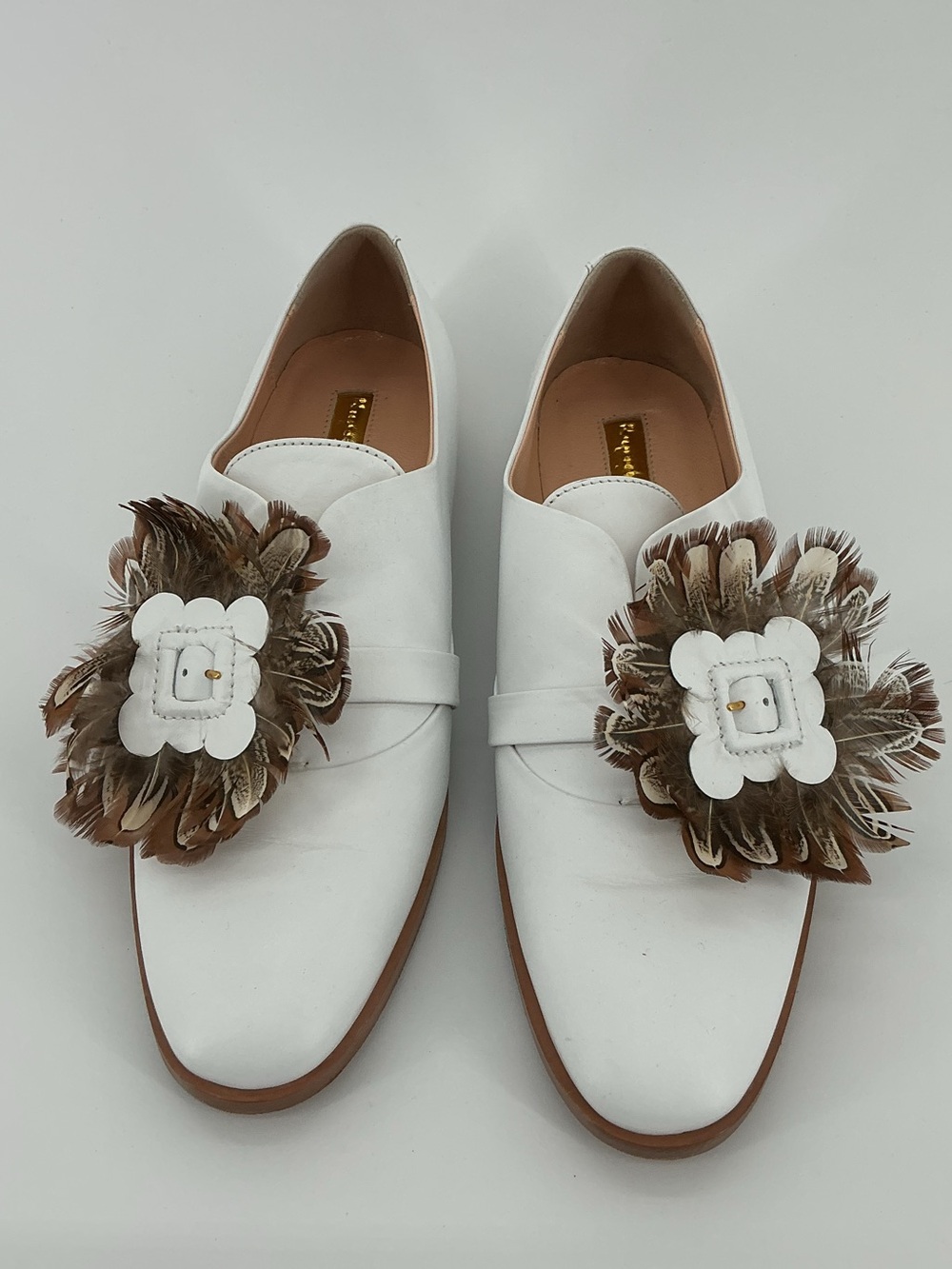 Rupert Sanderson White Leather Feather Embellished Loafers Flats 38